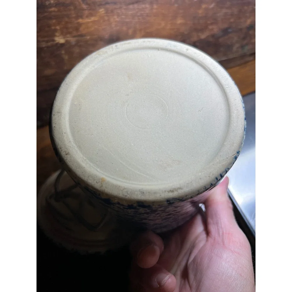 Vintage Pine River Blue Spongeware Stoneware Crock with Lid and Wire Bale Handle